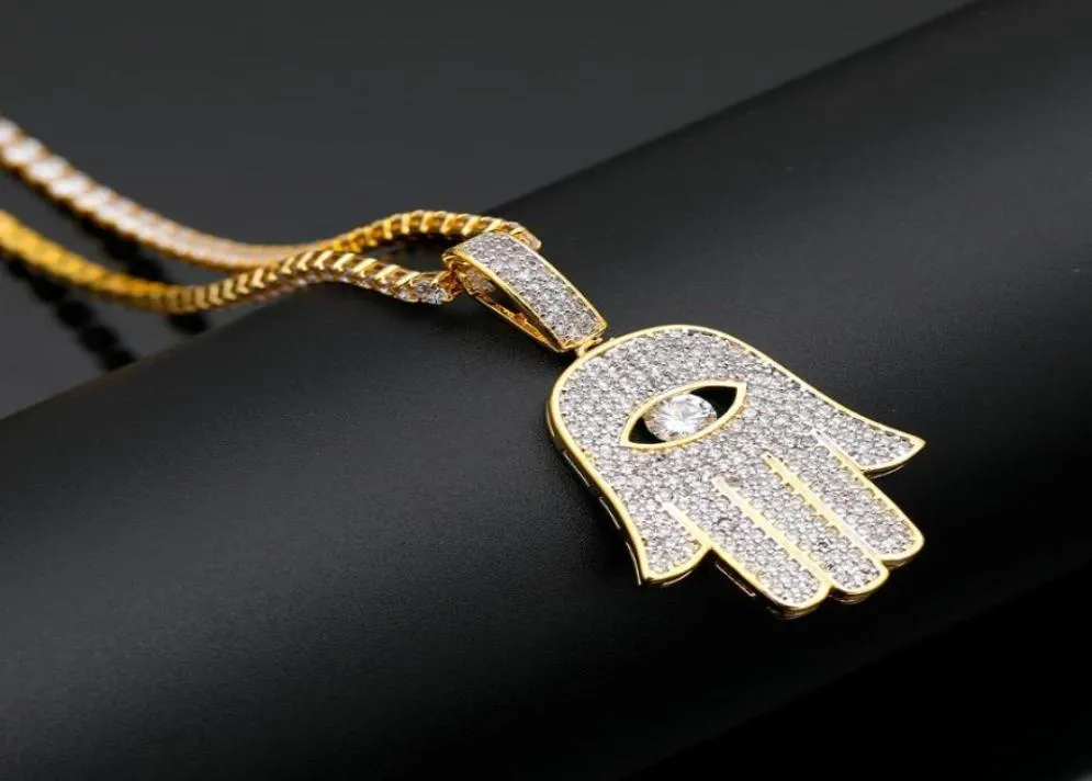 Kedjor hamsa hand av fatima hänge halsband guld micro pave kubik zirkon kedja hip hop hop womenmen smycken gåva9224249