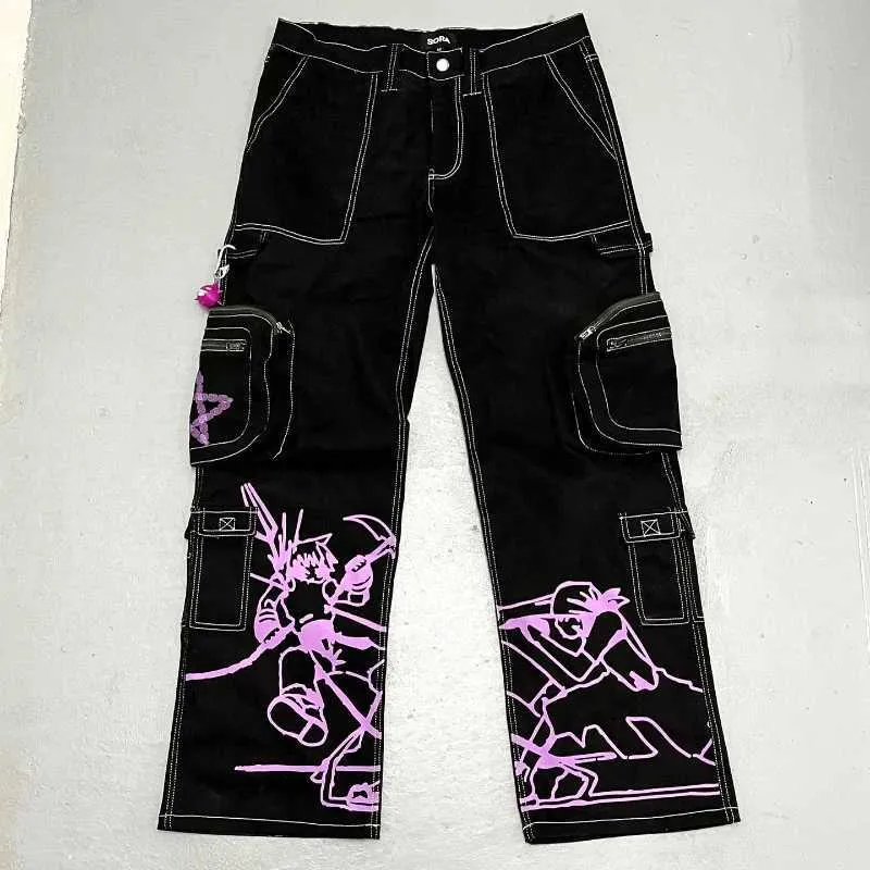 Herren Jeans Ins Y2K Kleidung Baggy Jeans Frauen 2023 neue Mode Harajuku Trend Männer Models gedruckt Streetwear Schwarz Q240509