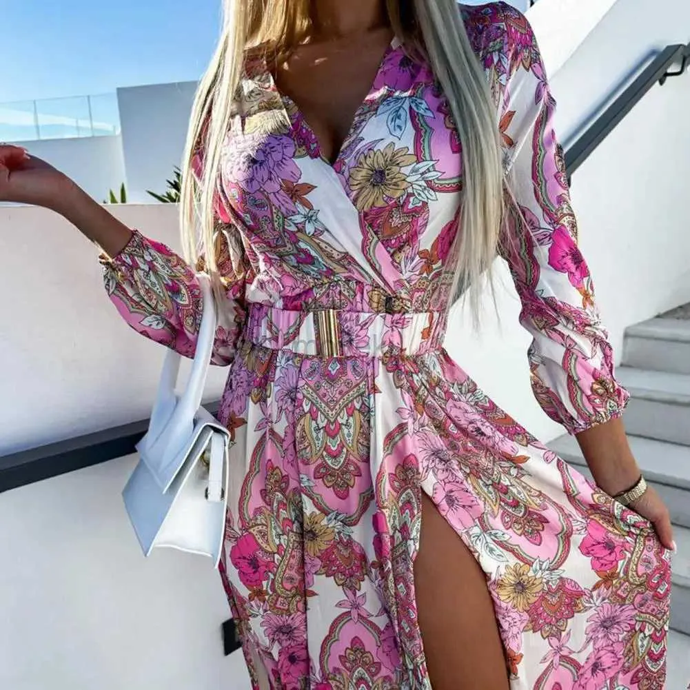 Urban sexy Kleider sexy V-Ausschnitt Midi Kleid für Frauen Frühling und Sommer modisch und elegant lang Ärmeln Spitzenblumen-Druckkleid 2023 D240510