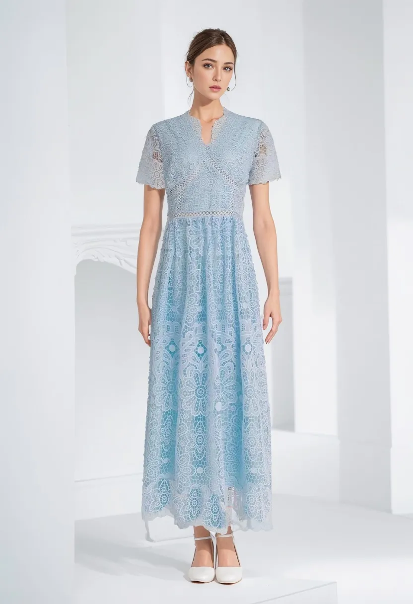 デザイナードレス2024夏の女子Vネック短袖スプレッチウエストラップファッションライトブルーロングドレス