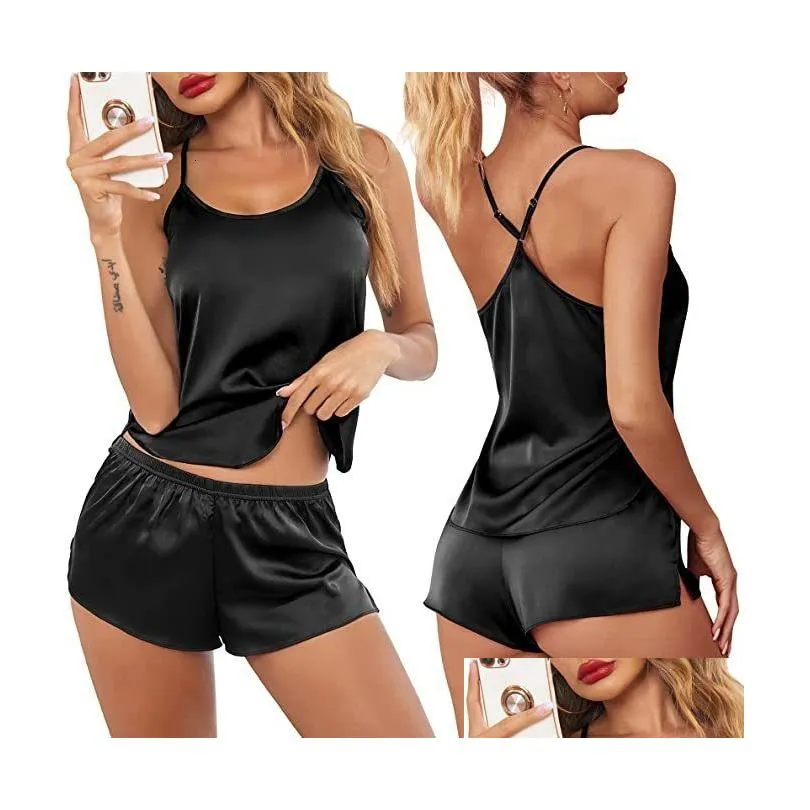 Women's Sleepwear Womens Y Lace Satin Satin Piajama Set Nightwear Sleeveless Topssshorts 2 PCs Piajama per donne Pijama Drop Delivery Dhegn