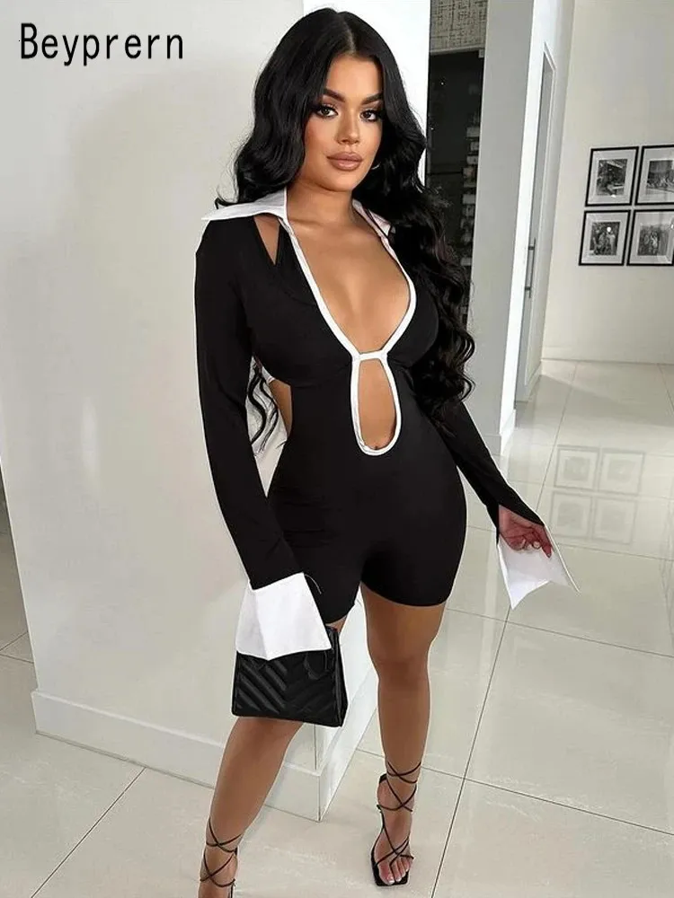 BeyPrern Womens Hollow Out Black Tie Back Runway Romper Elegant Long Sleeve Patchwork Bandage Playsuits Night Club Overalls 240510