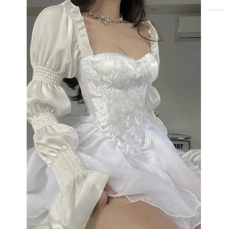 Casual Dresses 2024 Summer Fairy Long Sleeve Even Party Dress Woman White French Elegant Midi One Piece Korean Fashion