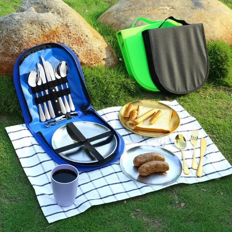 Geschirrsets tragbares Camping Castlery Set Tableware Edelstahl Picknicksteak -Messer -Stoffplatte Kit Kit