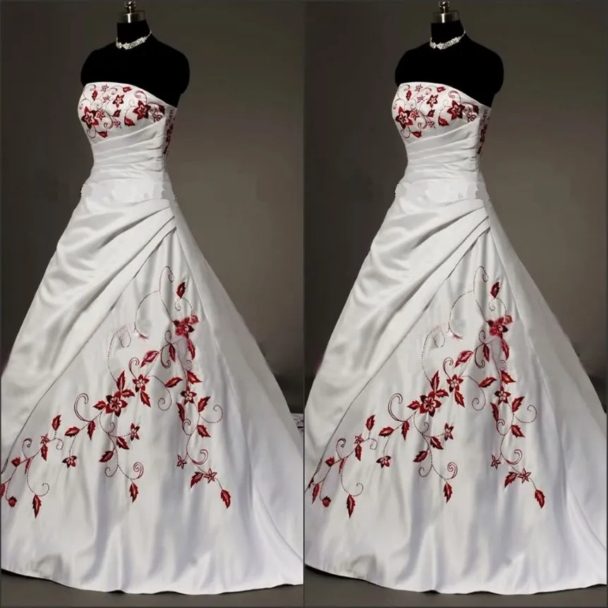 White Satin Red Embroidered Wedding Dresses Plus Size Ball Gown For Bride 2022 Strapless Lace-up Pleats Draped Vintage Wedding Gowns 239K