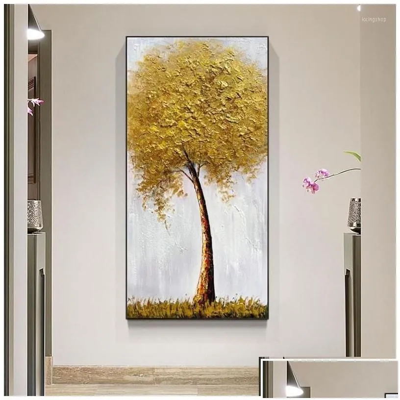 Schilderijen schilderijen abstract 3d olieverfschildering goud dik kunst handgemaakte canvas fortune boomfoto's muur kunstwerken woonkamer decoratie dhxib