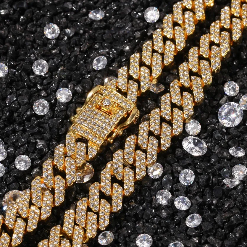 Bracelet de collier glacé de 12 mm en bracelet à collier pour femmes épaisse épaisse bling miami cubain liaison chaîne hip hop rappeur de luxe bijoux 275s