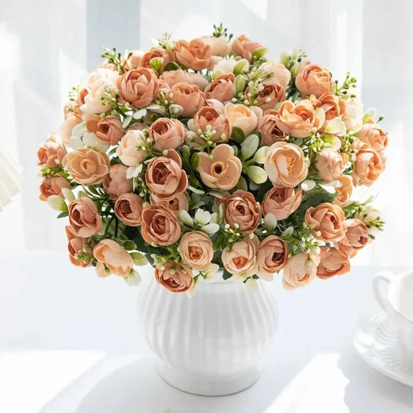 Fleurs décoratives couronnes 15 têtes en soie rose petite bourgeon de thé pour mariage en plein air arc arc arrangement floral décoration de Noël fleurs artificielles