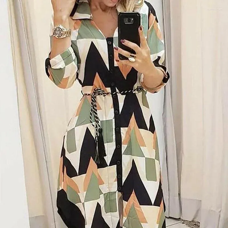 カジュアルドレス女性自由hoh馬ファッション長袖シャツ2024波印刷された非対称ドレス秋の夏のホリデービーチサンドレス服