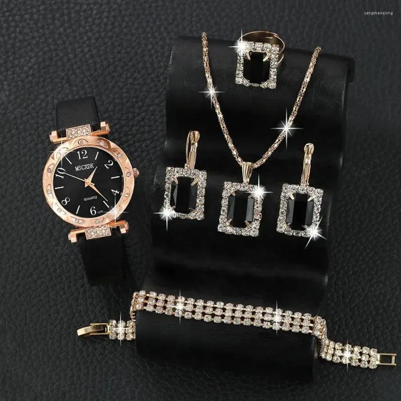 Armbanduhr Damen Einfacher Strassons Uhren Casual Leder Quarz und Luxusquadrat Zirkon Frauen Schmuckzubehör Set Geschenk