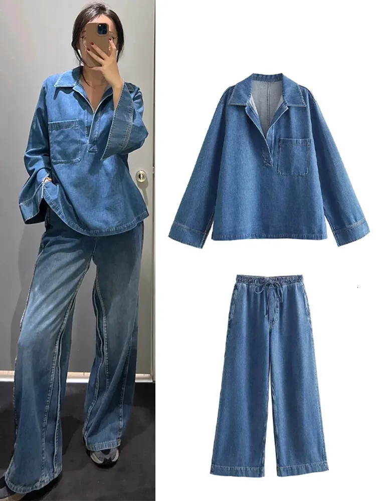 Femmes Denim Two Piece Set 2024 Sping Summer Blue Blue Long Sleeve Collar Down Top Casual Top Pantal