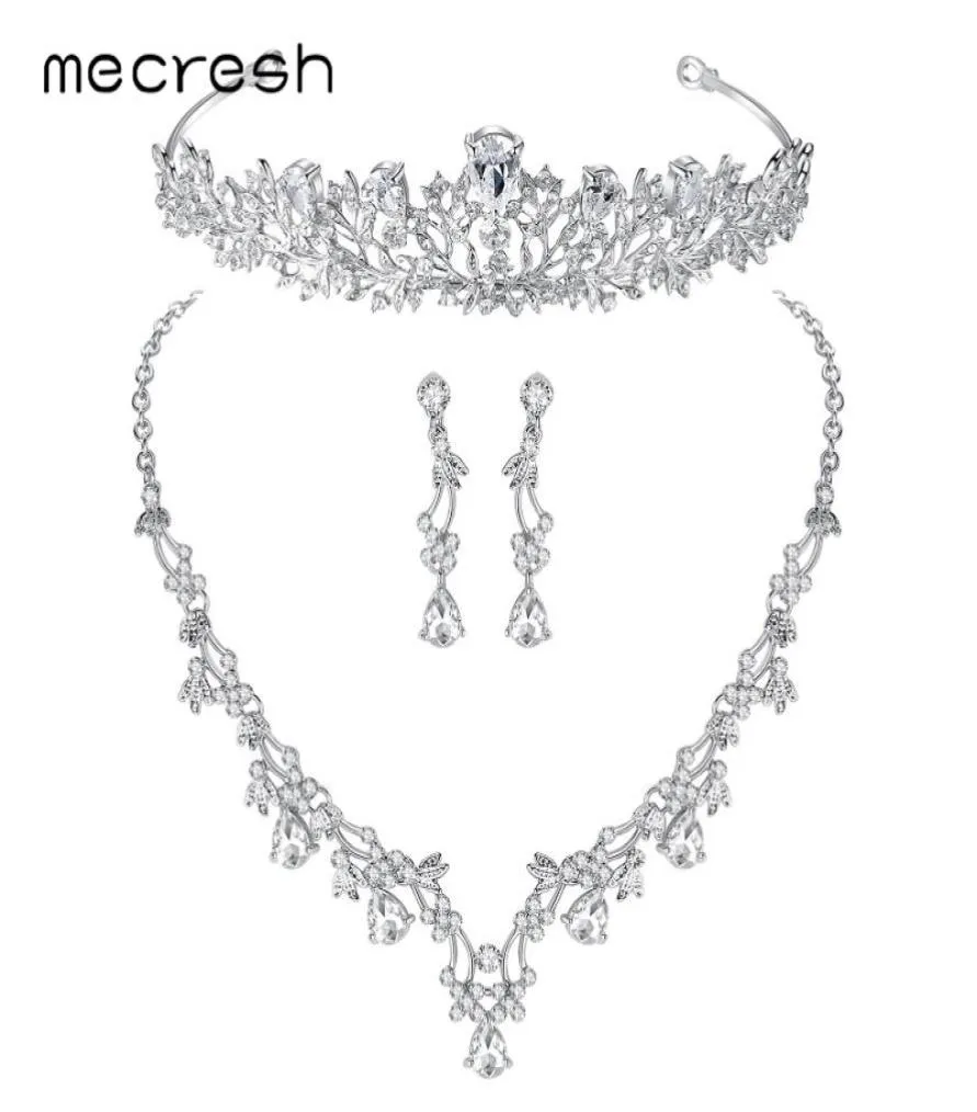 Mecresh Luxury LeafShape Cubic Zirconia Bridal Jewelry Sets Crystal Wedding Necklace Earrings Tiara Jewelry MTL500HG126 D1810100336401095