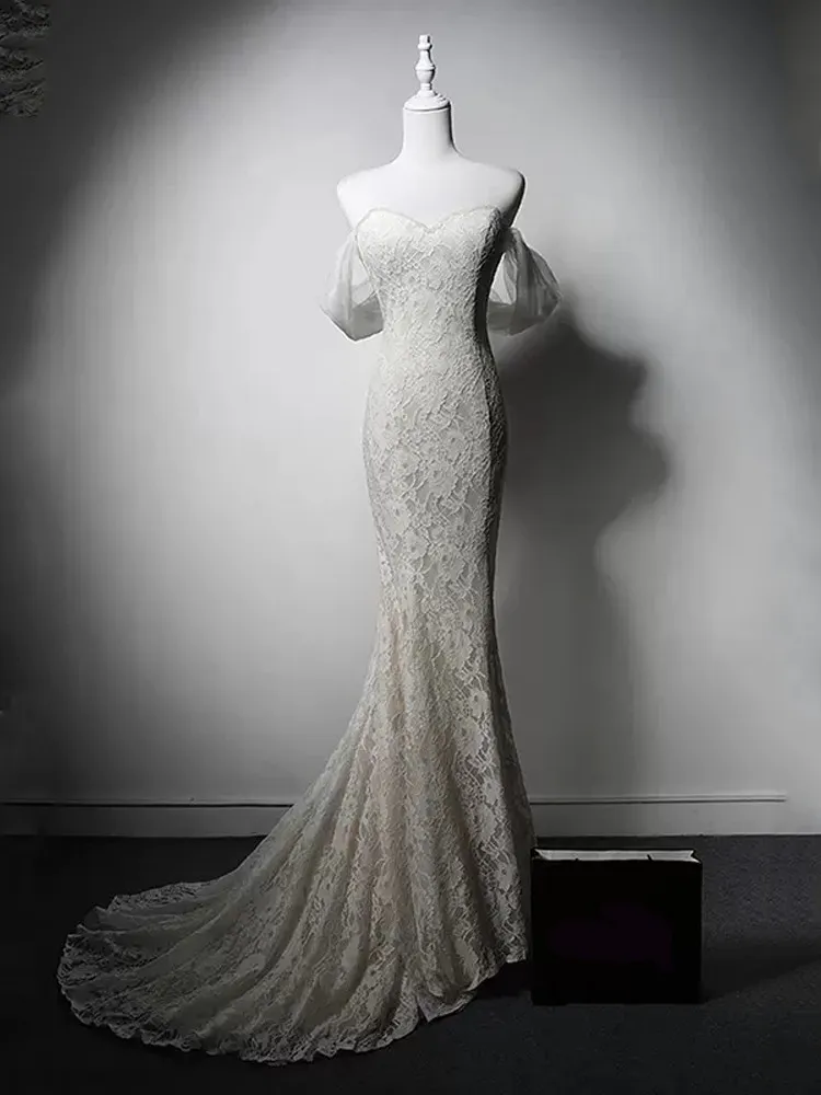 Lace Mermaid Wedding Dresses 2024 Real Pictures Bridal Gowns Sweep Train Lace-up/Zipper Back