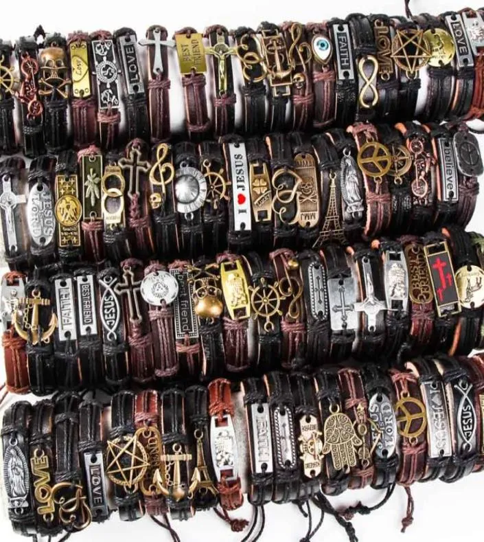 Band New Vintage Leather Mens Bracelet Bracelet Bracelet Bracelet 50pcs Lots Bracelet à charme de bijoux rétro Mixe