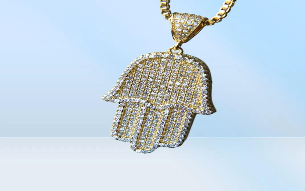 Quality Hip Hop Bling Box Chain 24inch Mench Men Couple Gold Silver Color Iced Out Hamsa Hand Pendant Necklace with CZ333B6379578