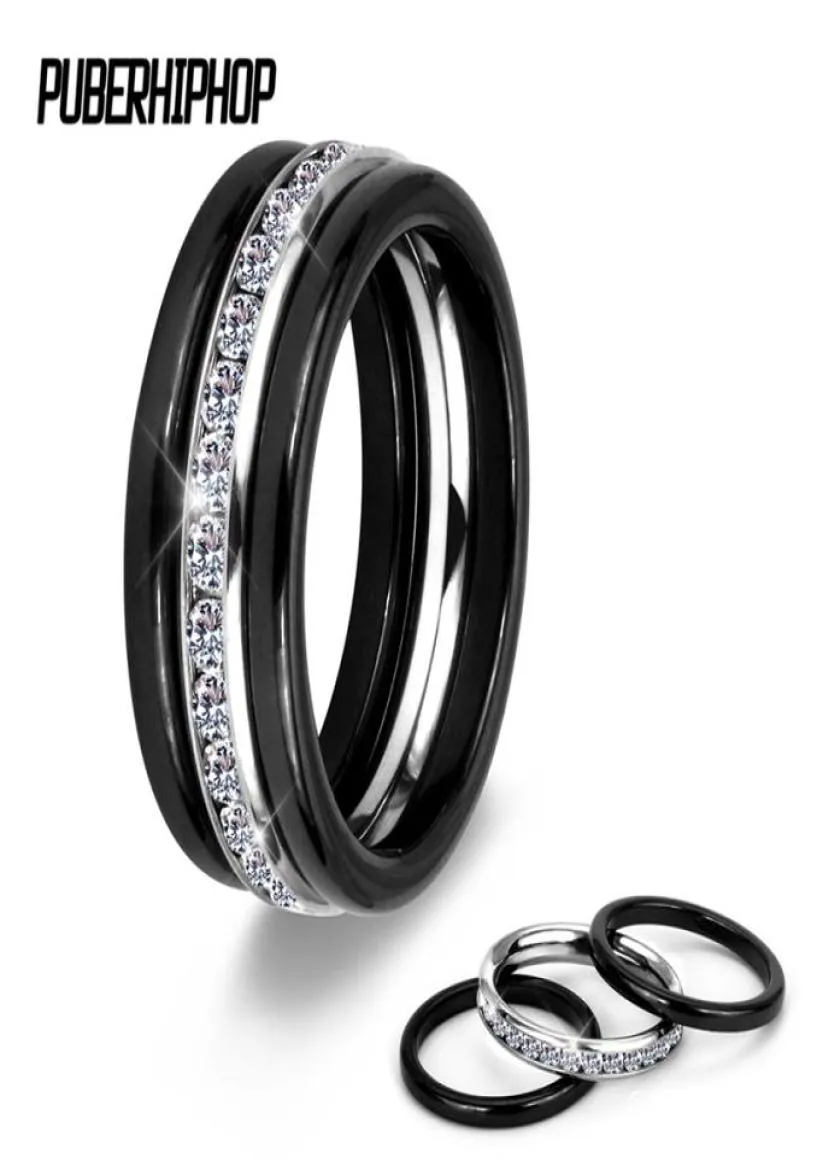 3pcs Set modernes anneaux colorés modernes Set en céramique de santé inoffensive avec un cristal de pierre blanche pour les femmes en acier inoxydable Ring3483595