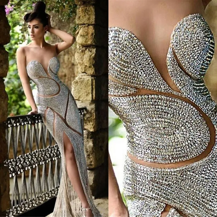 Luxury Rami Salamoun Sukienki wieczorne biżuteria Rhinestone Backless Back Back Back Back Back Back Suknie Promowe Suknie Sheer Szyjka 100% prawdziwych zdjęć Pageant Dr 250z