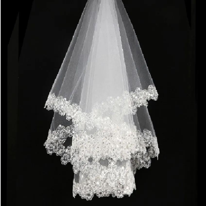 Hot Sale White Ivory Bridal Veils Sequined Beaded Soft Tulle Short Wedding Veils In Stock NO53 277y