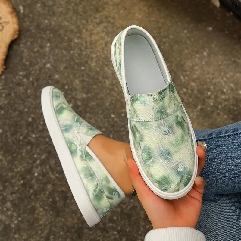 Lässige Schuhe Frauen Blumenabdrücke Nicht -Slip flach runder Zehen atmungsaktiv auf faulen Canvas Student College Plus Size Sladers