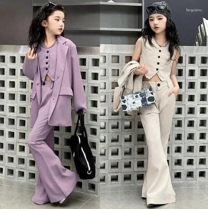 Ensembles de vêtements 2024 Korea Style Girls 3 PCS Set Blazer Vest Long Pantal