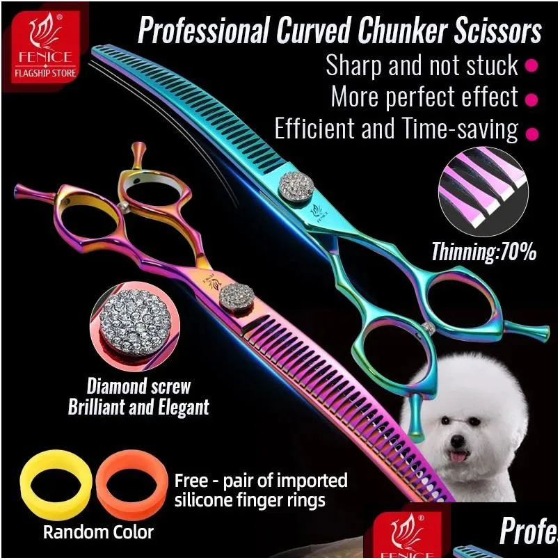 Nożyczki pielęgnacji psów Fenice Diamentowa śruba 7,25 cala profesjonalne zakrzywione cieńsze nożyce dla zwierząt kosmetyków upuszcza hom dhsqu