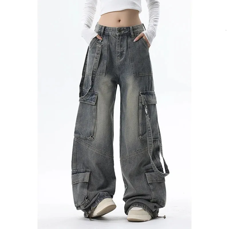 Frauen Blue Jeans Cargo Hosen Streetwear High Taille American Wide Leg Fashion Y2K Stil weibliche Winter gerade Hose 240510