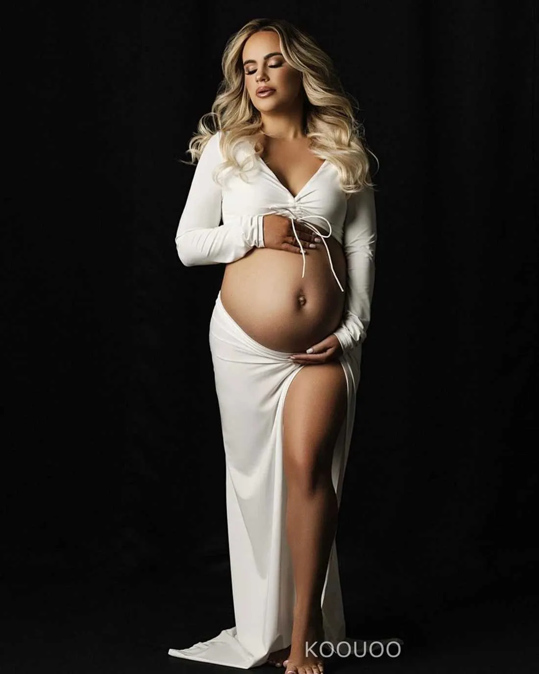 Maternity Dresses Maternity Photo Shoot Gown Look Involves Slim V-neck Drawstring Pregnant Lady Midriff-Baring Women Sexy Hollow Cut Out Midriff T240509