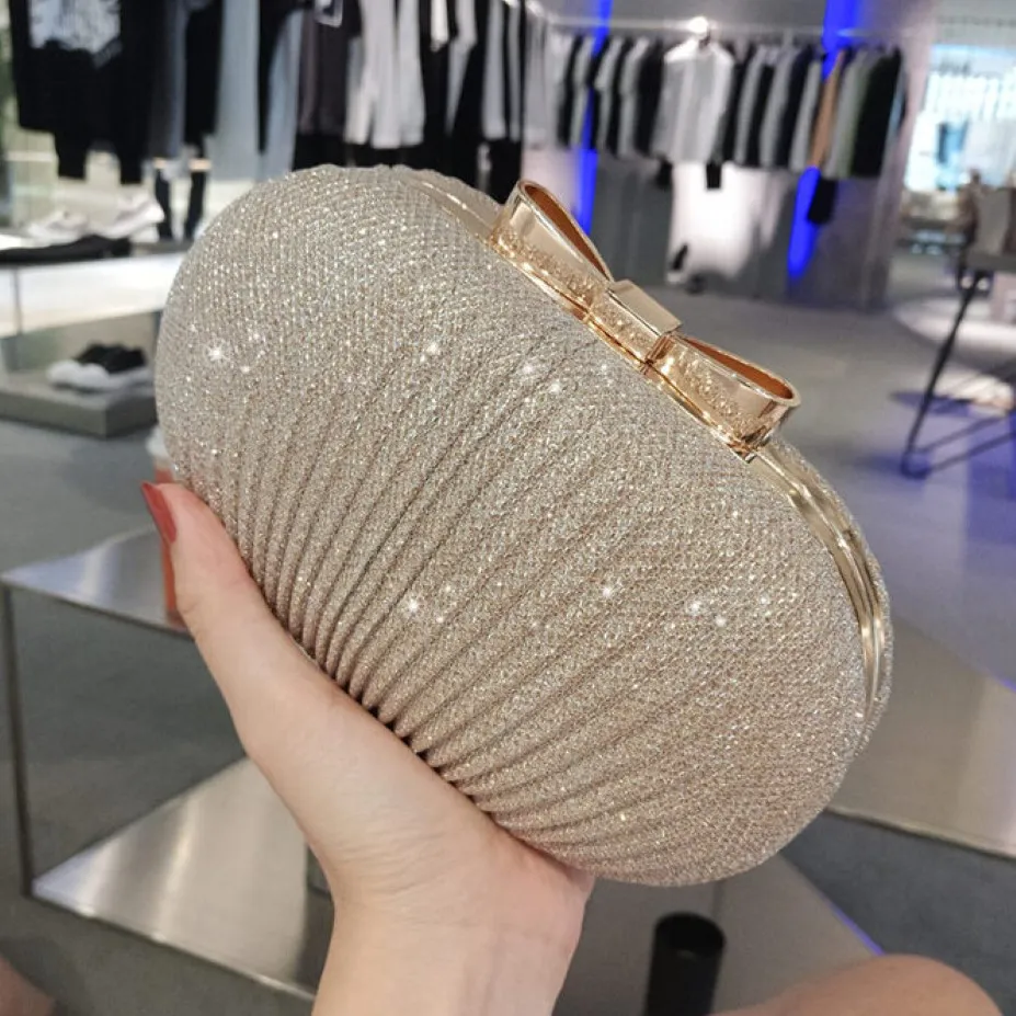 Sparky Pleated Women Bridal Hand Bags For wedding Gold Evening Clutches Chain Bag Applique In Stock Bridal Bags Party Blingbling 3202