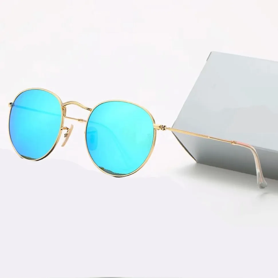 2021 Классический дизайн бренд Круглый солнцезащитные очки UV400 Metal Gold Rade Glasses Мужчины женщины зеркальные стеклянные солнцезащитные очки с коробкой 9 Color 231G