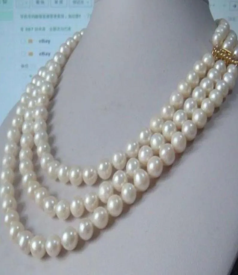 Bijoux de perles fins de haute qualité Hotriple Strands 9-10 mm Collier de perles blanc de mer du Sud 18-22 "2299358