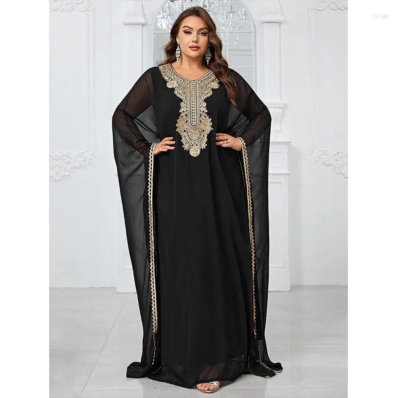 Casual Dresses Women's 2024 Black Modest Muslim Islam Butterfly Dubai Abaya Elegant broderi Arabiska långa maxiklänningar