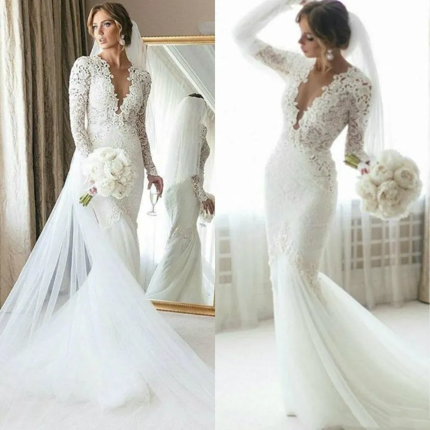 2022 Nouvelles robes de mariée sirène gracieuse Illusion Deep V Neck Lace Applique à manches longues Spring Autum Bridal Bridal Plus Taille Wedding Dr 192Z