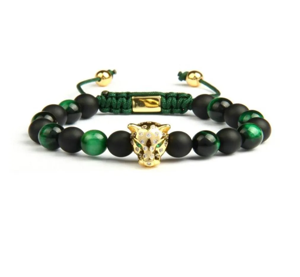 Men Panther CZ Bracelets inteiros 8mm de 8 mm naturais foscos de ágata verde tigre olho de pedra de leopardo jóias