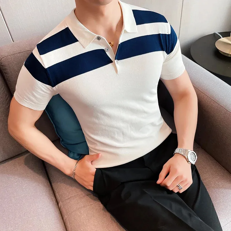 Modische Business Mens Down Shirt Summer Stripe Slim Fit Top Mens Casual Button Design kurzärmeliges Polo -Shirt 240428