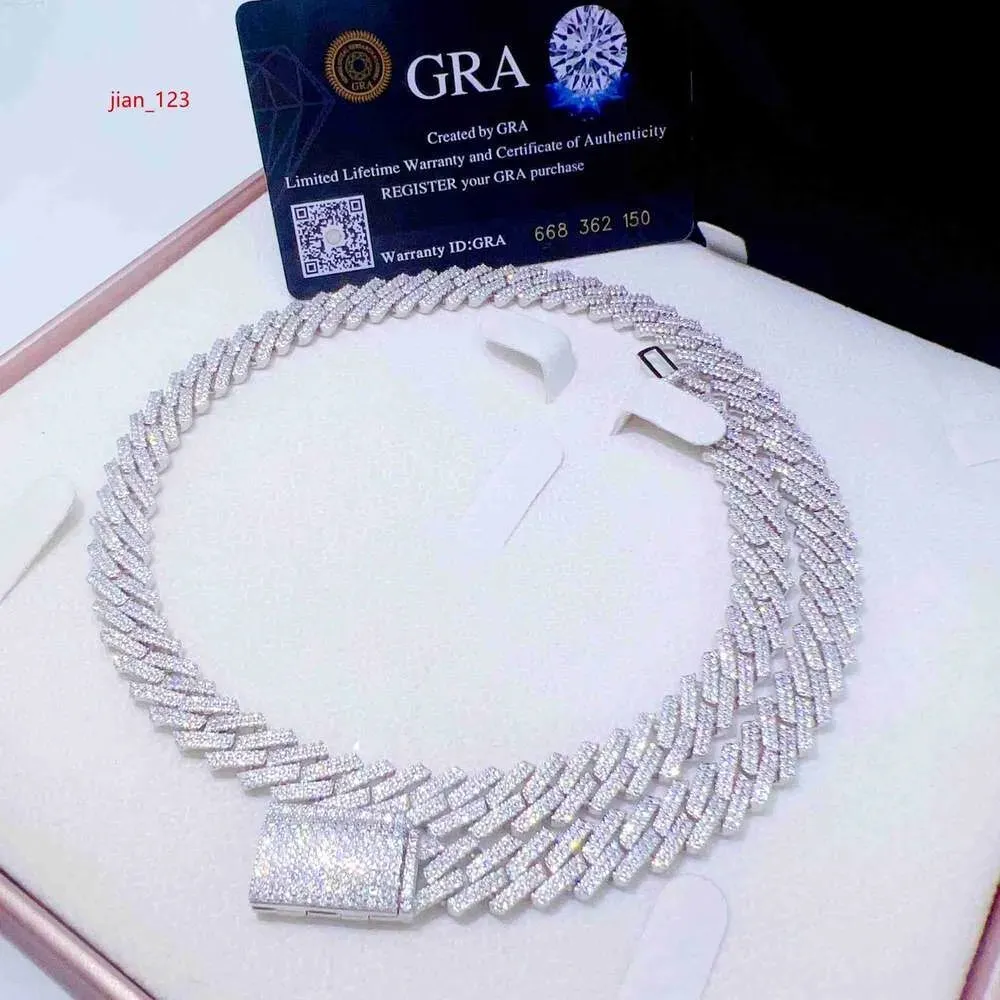 Gorąca wyprzedaż 15 mm bransoletka moissanite Mężczyźni Silver Cuban Link Chain Pass Tester Diamond Gra VVS Moissanite Kubański naszyjnik