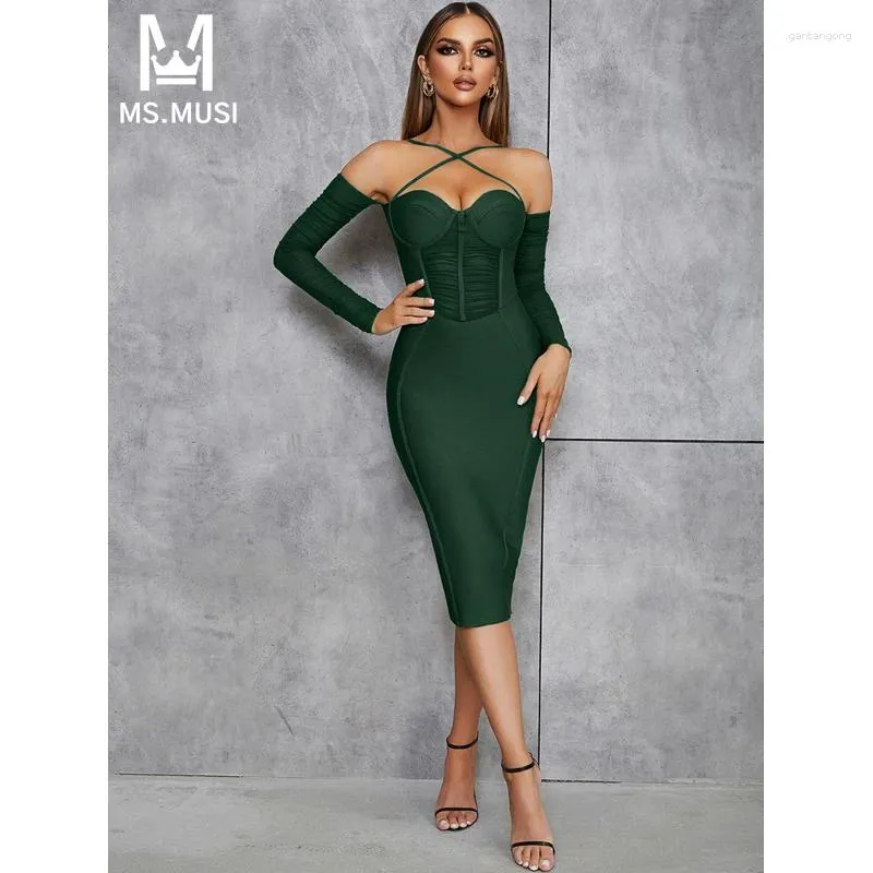 Robes décontractées MSMUSI 2024 FACHE FEMMES SEXY SEXH STRAP HOLTER OFF the épaule Lace Mesh Long Manche Bandage BodyCon Party Club MIDI Robe