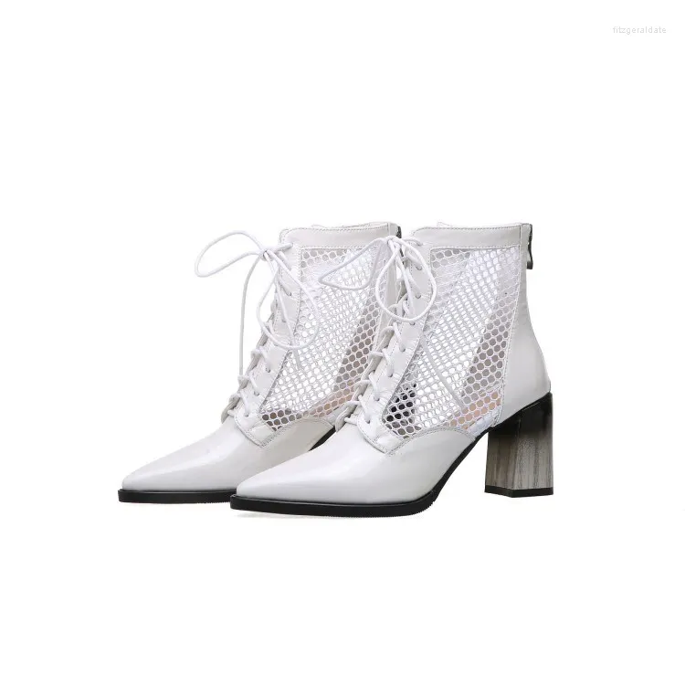 Stövlar Rom Gaze Women's Chunky-Heel äkta läder ihåligt ut med hög slangs sandal bo lady skor -40