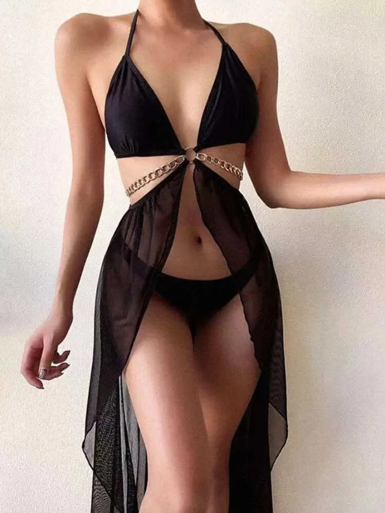 Kadın Mayo Seksi İnce Takım Üçgen Bir Parça Mayo Gezazı Etek ile Siyah Bikini İki Set Y2K Zincir Plajı Mayo Kadın Y240506