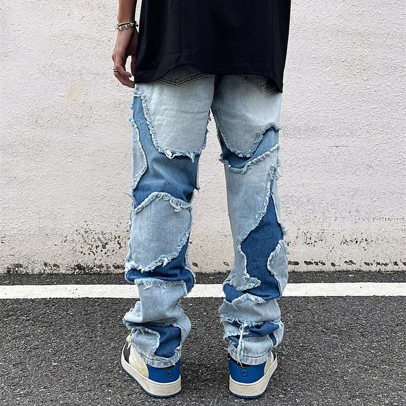 Grunge kläder y2k streetwear hål rippade staplade byxor för män tvättade blå hiphop -denimbyxor ropa hombre 240509