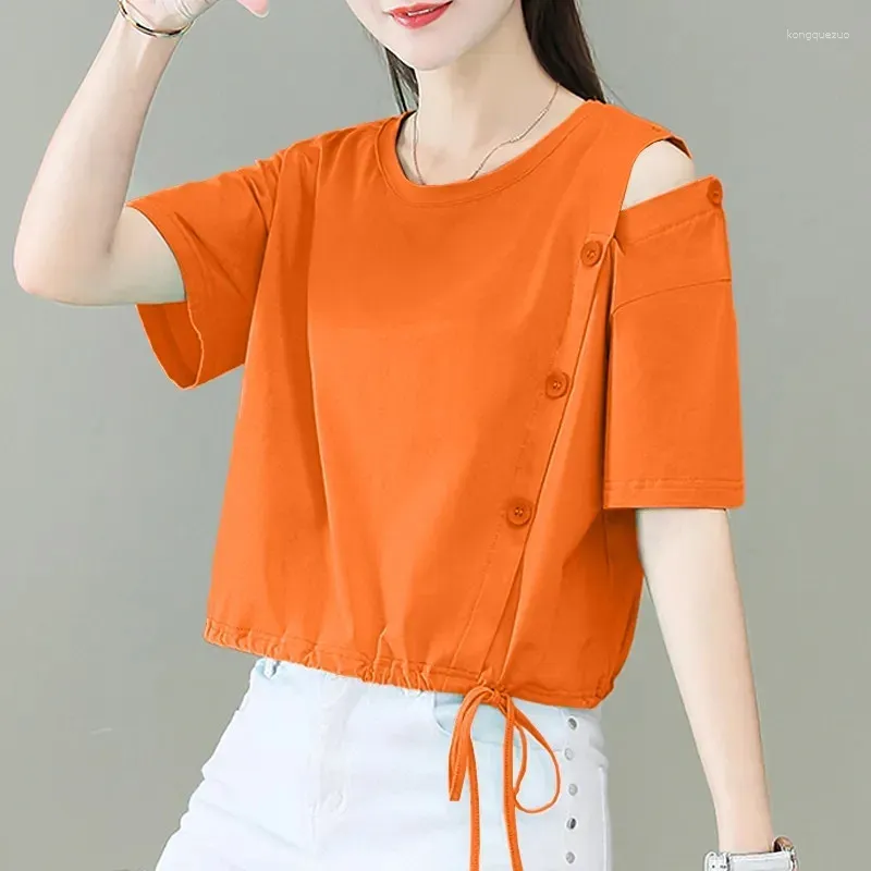 Kvinnors T-skjortor Fashion Short Orange Strapless T-shirt för kvinnor 2024 Summer High Maisted ärm från axelns topp kvinnliga blus