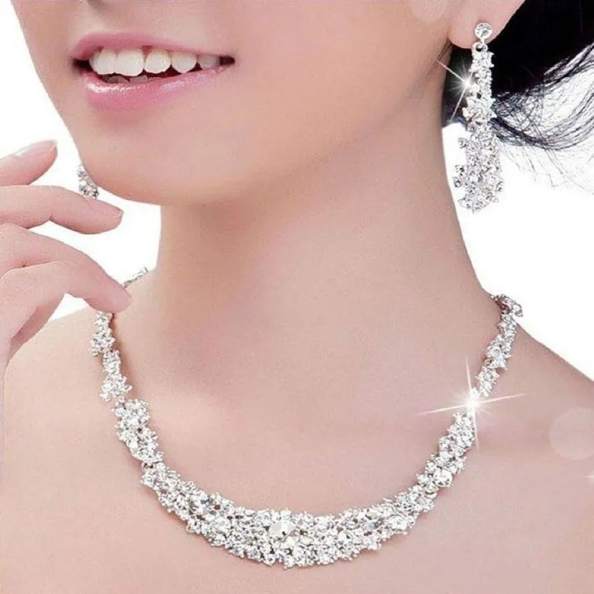 Ucuz kristal gelin takı seti gümüş kaplama kolye elmas küpeler gelin nedime için düğün takı setleri kadınlar gelin erişimi 290u