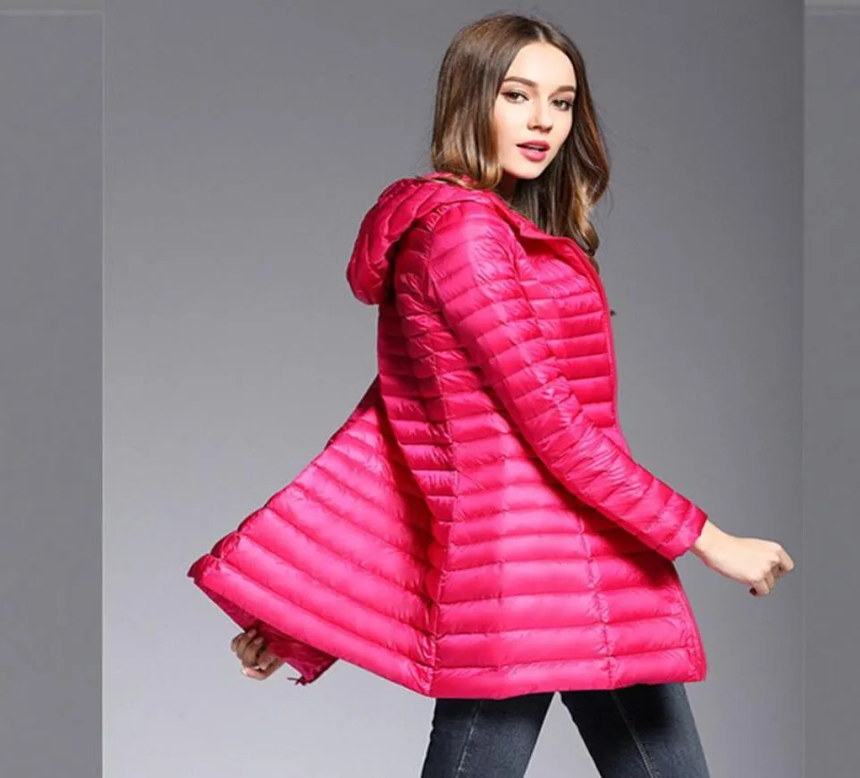 Frauen im Herbst Winter Ultraleichter Dünn 90 Ente Down Long Jacket Female Female Ultra -leichter schlanker fester Jacken Wintermantel tragbarer PA7425011