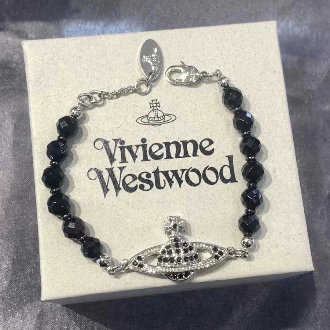 Versão alta selecionada Westwood New Black Agate Diamond Saturn Bracelet Edição Motor de luxo da moda e lote natural