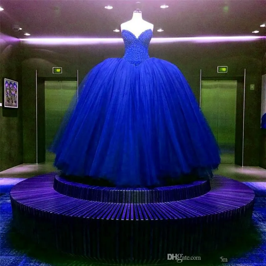Yeni Tamamen Kristal Boncuklu Koruma Korsa Kraliyet Mavi Gelinlik Balo Koyu Gowns Özelleştirilmiş Parlak Gelin Elbise Vestido Longo de Renda 252F