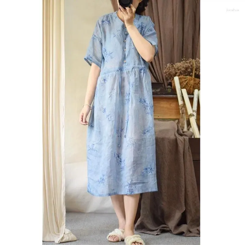 Robes de fête Johnature 2024 femme printemps original de style chinois en lin frenulum robe décontractée mode manches courtes vintage imprimé