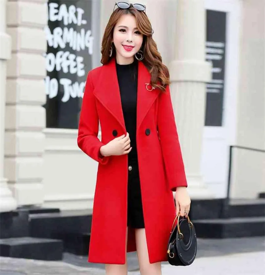 Red Long Wool Coat Frauen Plus Größe Schalten Sie Kragen Herbst Koreanische Modekleidung Schlankes grauer Wollmischjacken LR745 2105316797222