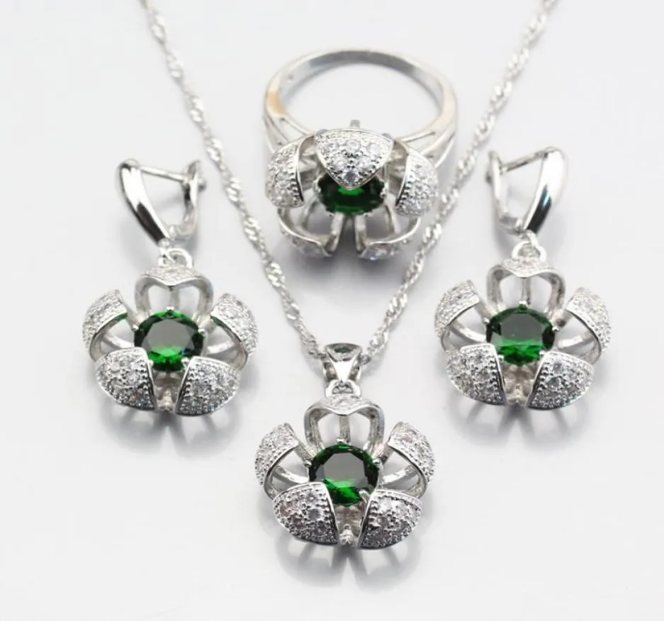 Oorbellen ketting verkopen driedimensionale zilveren kleur groen gemaakt smaragdbloem sieraden sets voor vrouwen ring 678910 js33403941