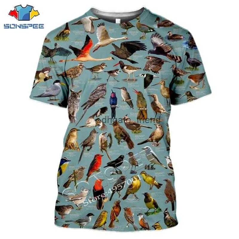 Mens camisetas Sonspee Summer Casual Men T-shirt Insets Birds Printing 3D T Camisetas unissex Tops