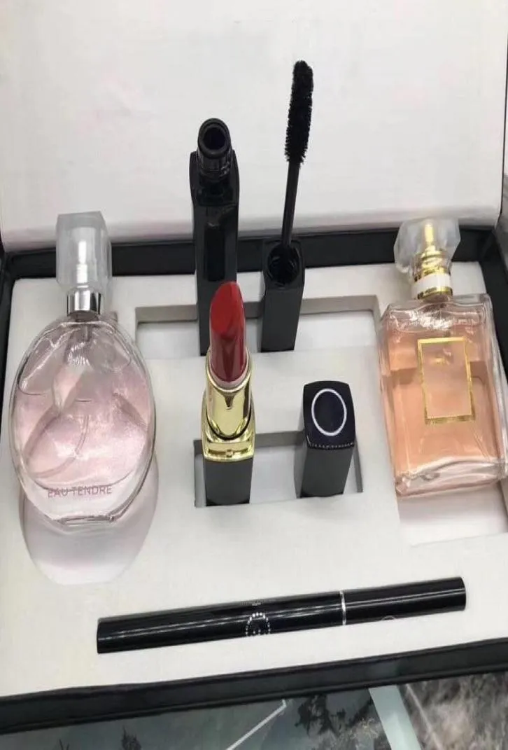 Le dernier ensemble de maquillage de marque de style 15 ml de parfum à lèvres à lèvres Eyeliner Mascara 5 en 1 avec Box Lips Cosmetics Kit For Women Gift Drop F8362805