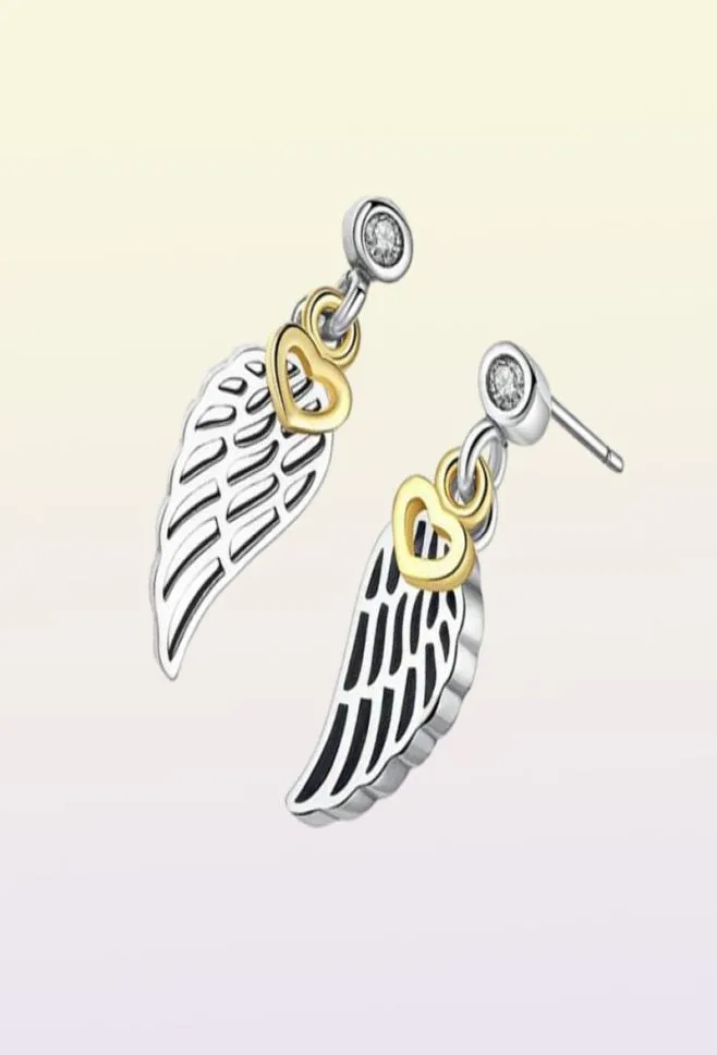 Nouveau authentique 925 Sterling Silver Ailes Pendants Boucles d'oreilles Ensemble Boîte d'oreille originale pour CZ Diamond Feather Stud pour femmes8982904